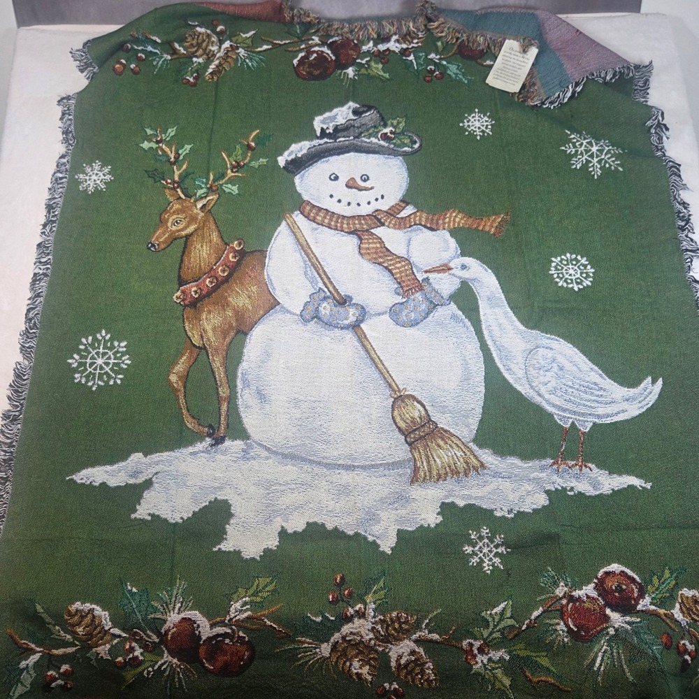 Tracy Porter Snowman Reindeer Woven Tapestry Throw Blanket Christmas USA 53x65